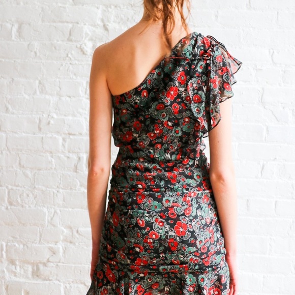 NWT Veronica Beard Ruched Floral Ruffled One Shoulder Mini Dress - Picture 3 of 14